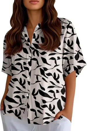 Women Linen Button Down Shirt Half Sleeve Collared Cotton Blouses Floral Printed Summer Beach Loose Casual Tops