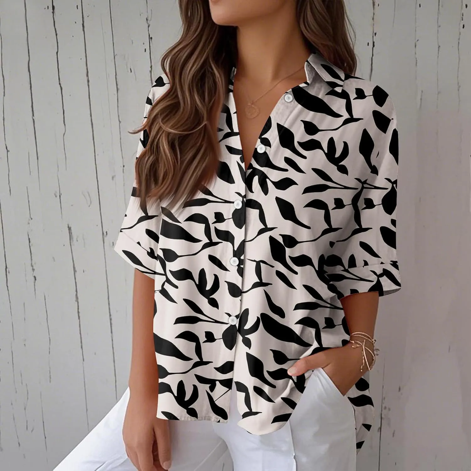 Women Linen Button Down Shirt Half Sleeve Collared Cotton Blouses Floral Printed Summer Beach Loose Casual Tops