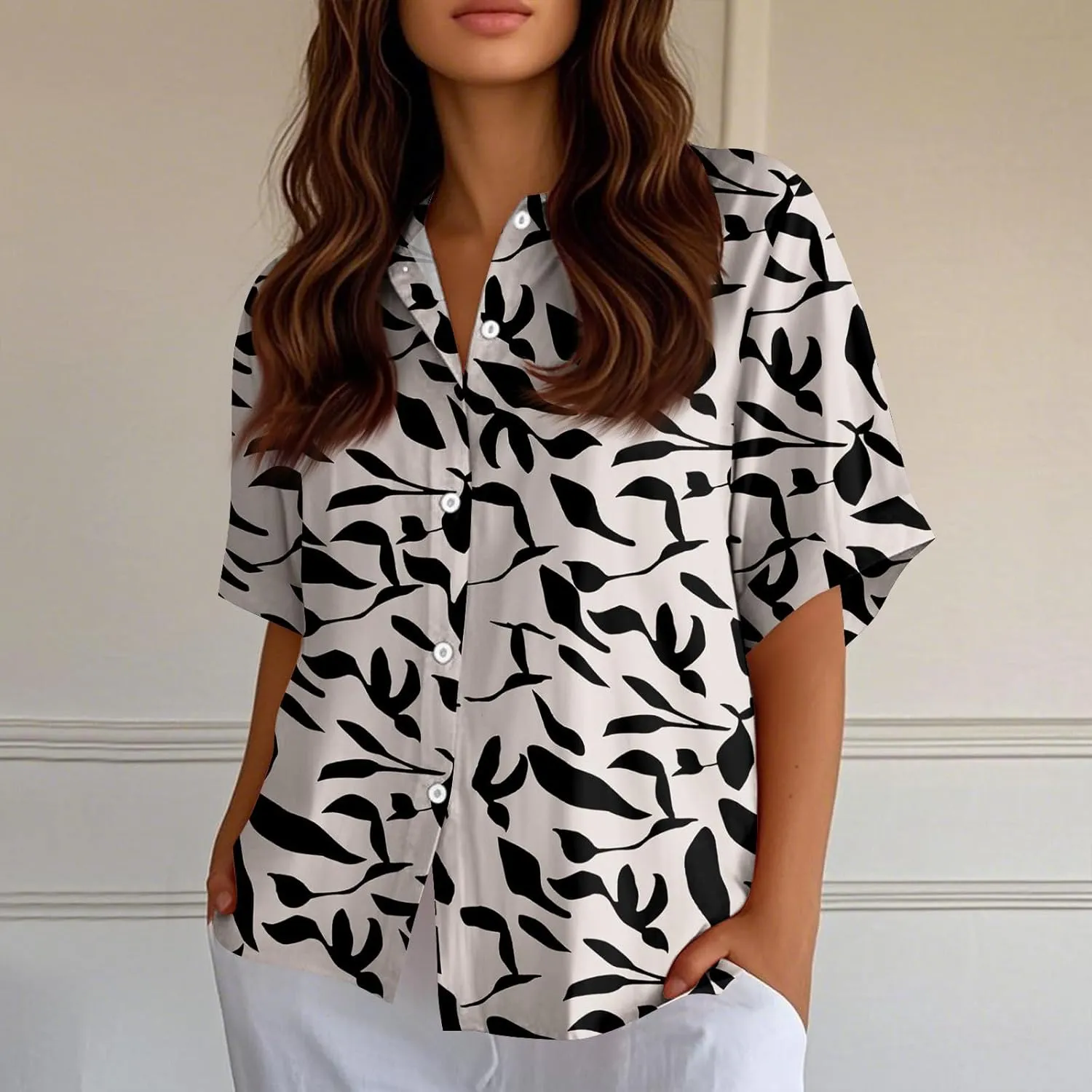 Women Linen Button Down Shirt Half Sleeve Collared Cotton Blouses Floral Printed Summer Beach Loose Casual Tops