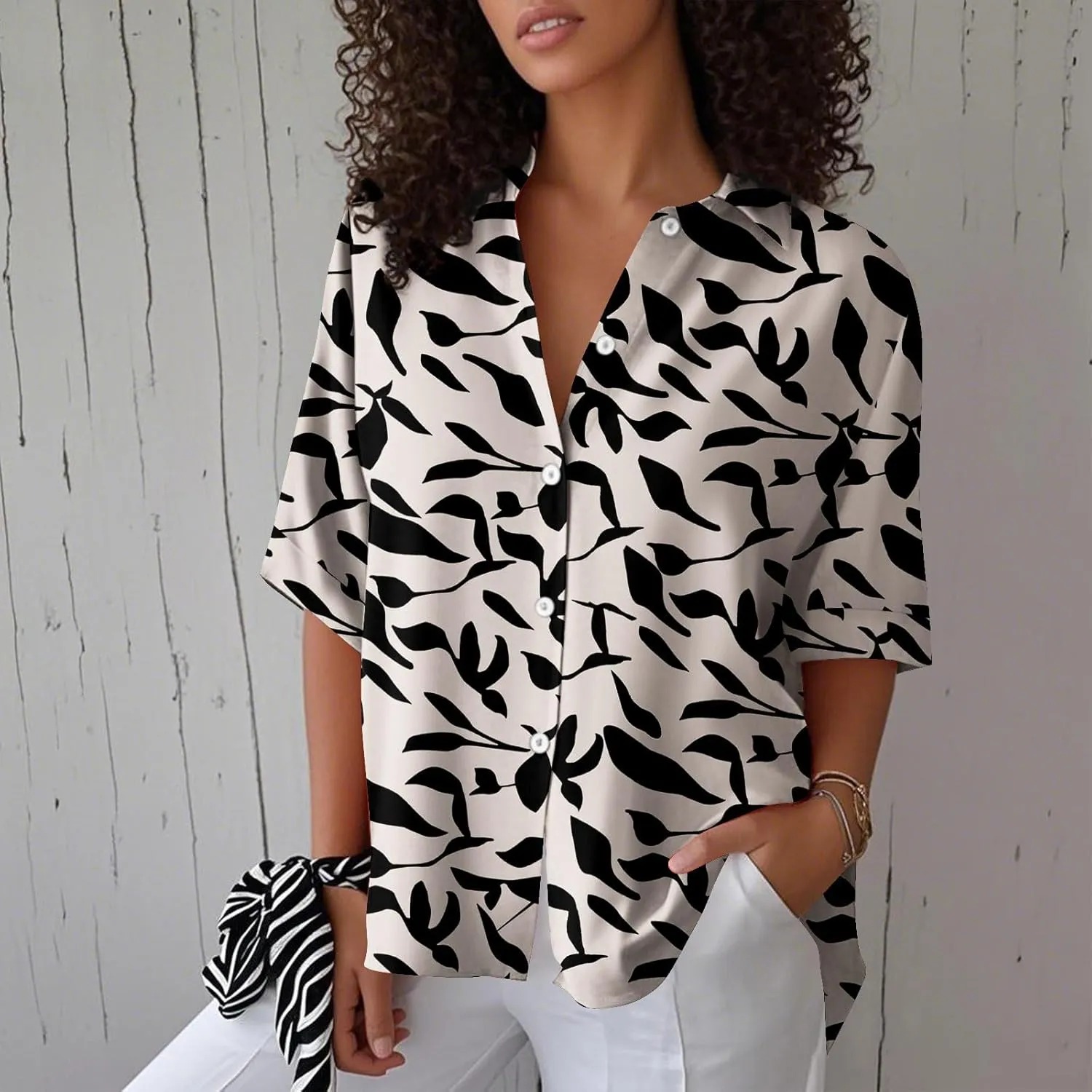 Women Linen Button Down Shirt Half Sleeve Collared Cotton Blouses Floral Printed Summer Beach Loose Casual Tops