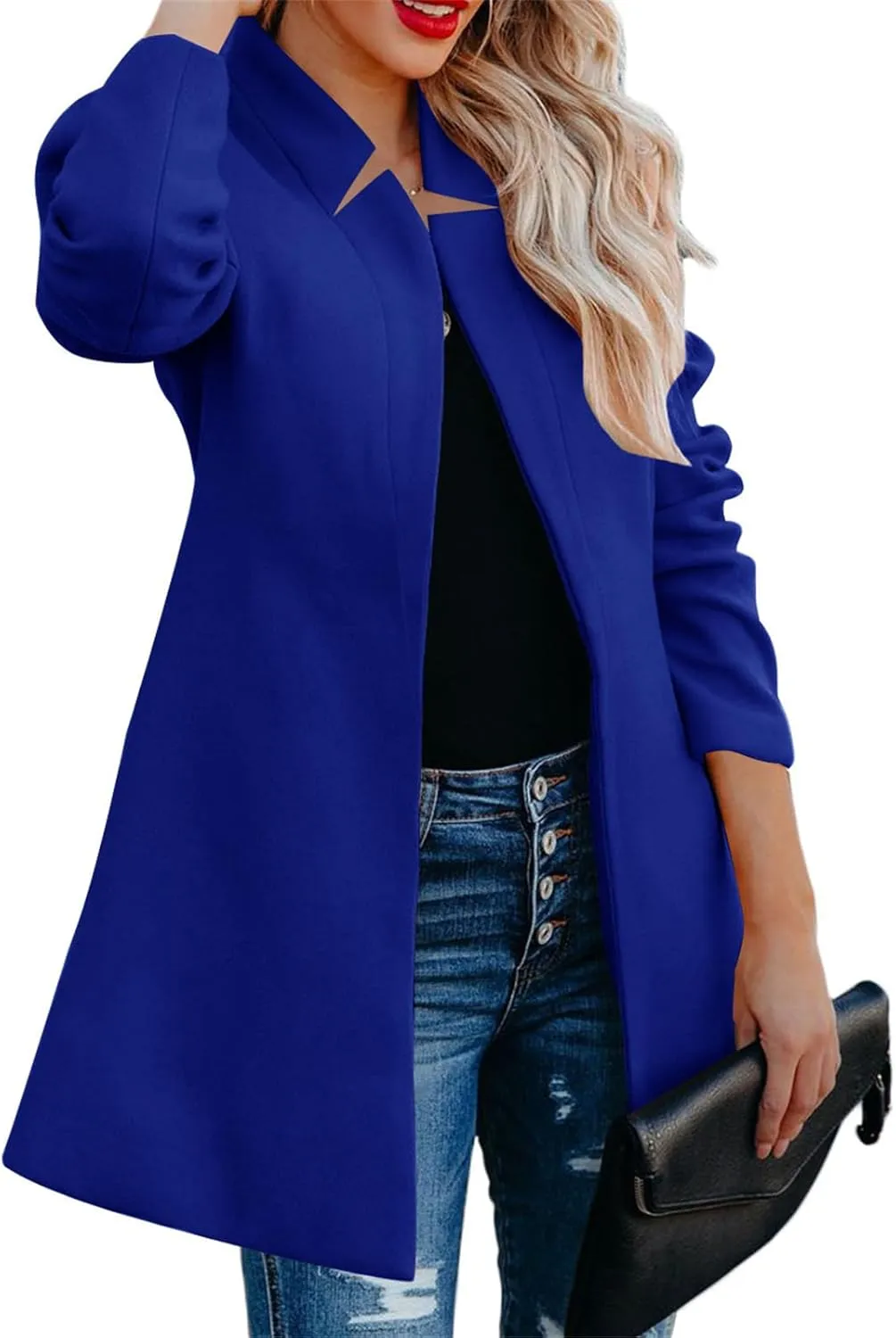 Women Pea Coat Stand Collar Slim Fit Coat Long Sleeve Mid Length Trench Coat Open Front Wool Blend Cardigan Overwear