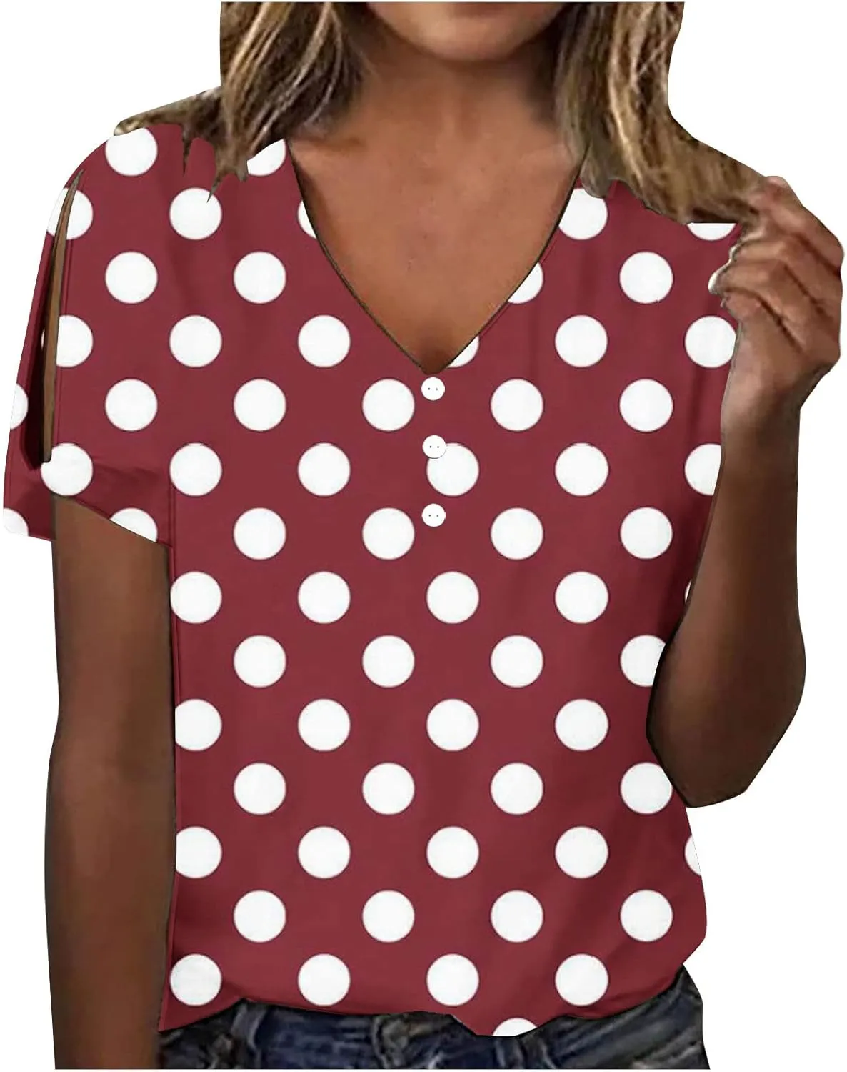 Women Polka Dot Tshirt Shirts Summer Fashion V-Neck Short Sleeve Tee Top Loose Trendy Button Decor Petite Tops Shirt