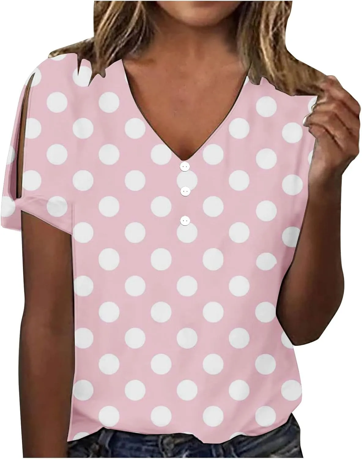 Women Polka Dot Tshirt Shirts Summer Fashion V-Neck Short Sleeve Tee Top Loose Trendy Button Decor Petite Tops Shirt