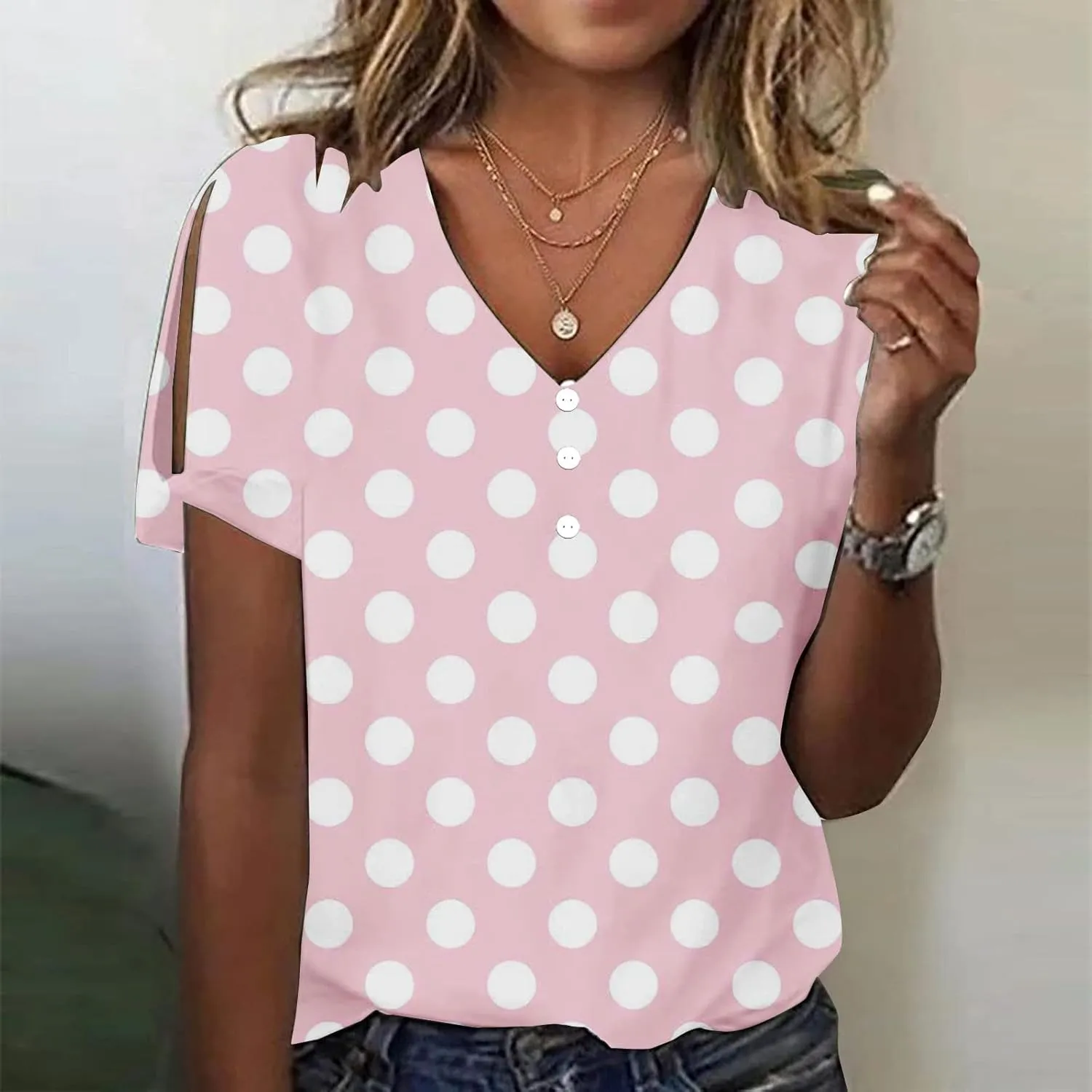 Women Polka Dot Tshirt Shirts Summer Fashion V-Neck Short Sleeve Tee Top Loose Trendy Button Decor Petite Tops Shirt