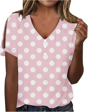 Women Polka Dot Tshirt Shirts Summer Fashion V-Neck Short Sleeve Tee Top Loose Trendy Button Decor Petite Tops Shirt