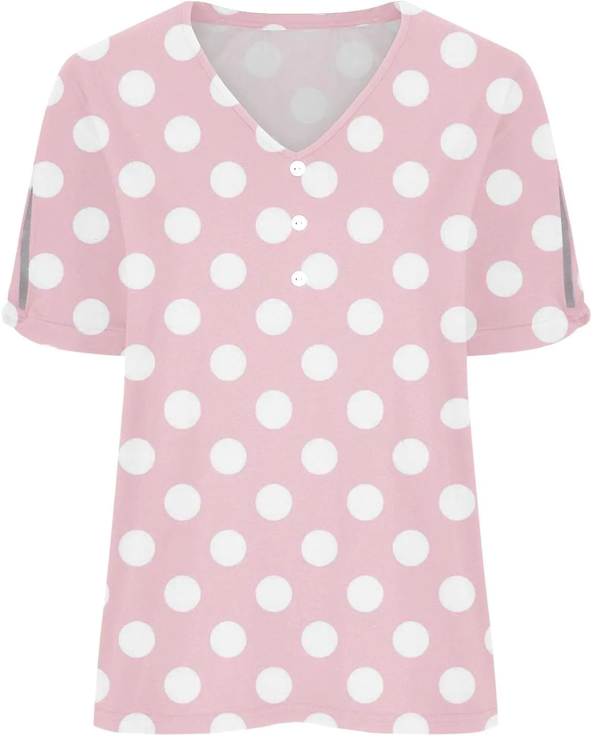 Women Polka Dot Tshirt Shirts Summer Fashion V-Neck Short Sleeve Tee Top Loose Trendy Button Decor Petite Tops Shirt
