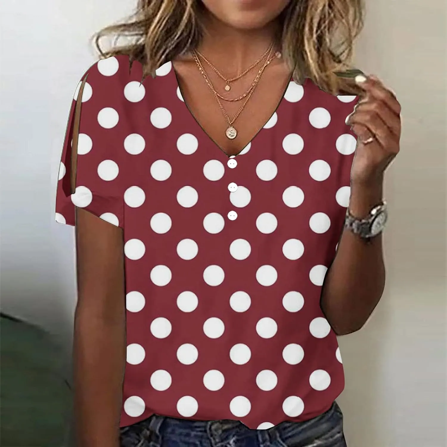 Women Polka Dot Tshirt Shirts Summer Fashion V-Neck Short Sleeve Tee Top Loose Trendy Button Decor Petite Tops Shirt