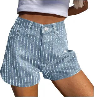 Women Rhinestone Denim Shorts High Waisted Baggy Hot Pant Retro Straight Jean Shorts for Going Out Club Party