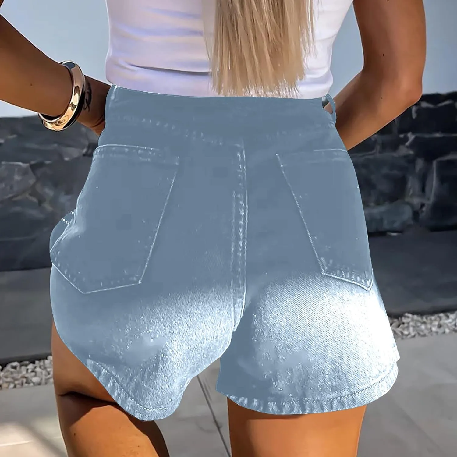 Women Rhinestone Denim Shorts High Waisted Baggy Hot Pant Retro Straight Jean Shorts for Going Out Club Party