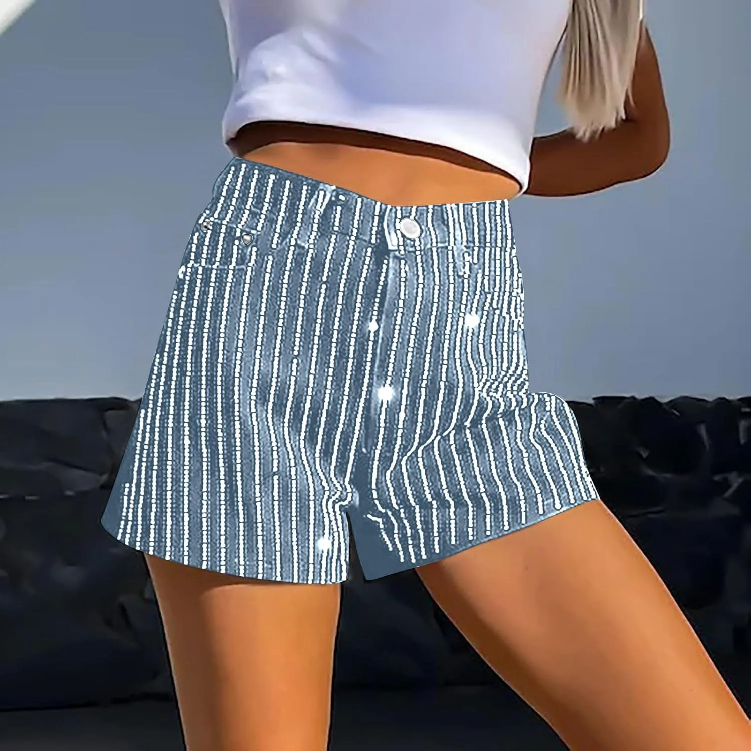 Women Rhinestone Denim Shorts High Waisted Baggy Hot Pant Retro Straight Jean Shorts for Going Out Club Party