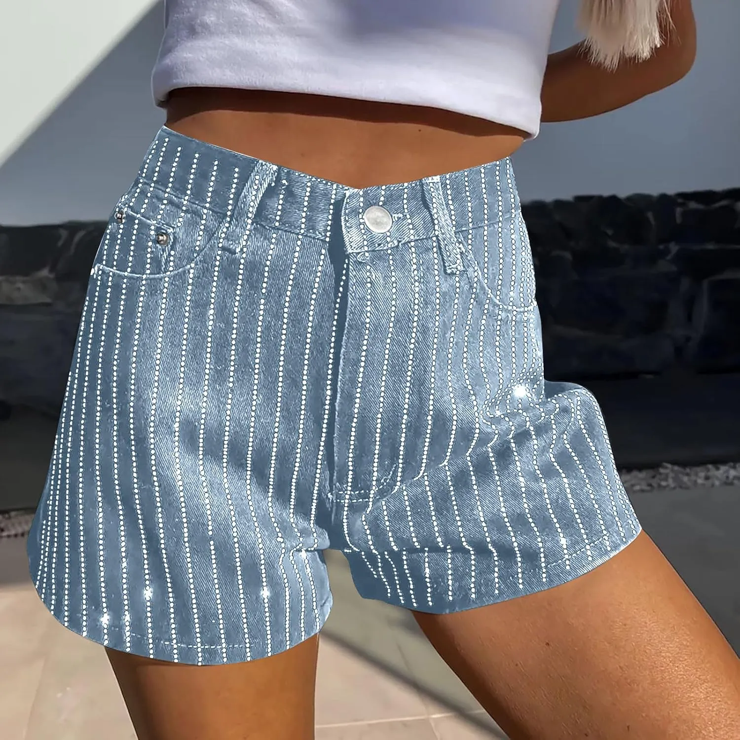 Women Rhinestone Denim Shorts High Waisted Baggy Hot Pant Retro Straight Jean Shorts for Going Out Club Party