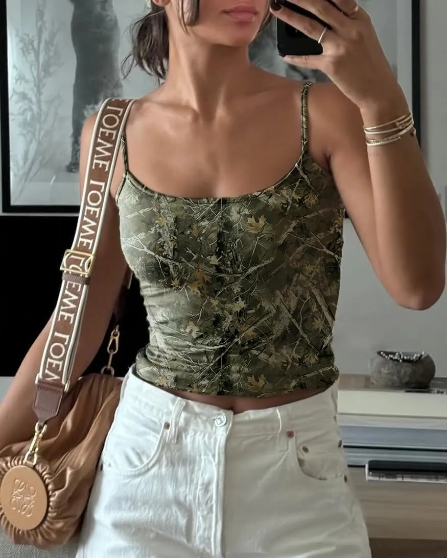Women Sexy Spaghetti Straps Camo Print Y2K Crop Cami Tops Sleeveless Scoop Neck Backless Girls Aesthetic Tank