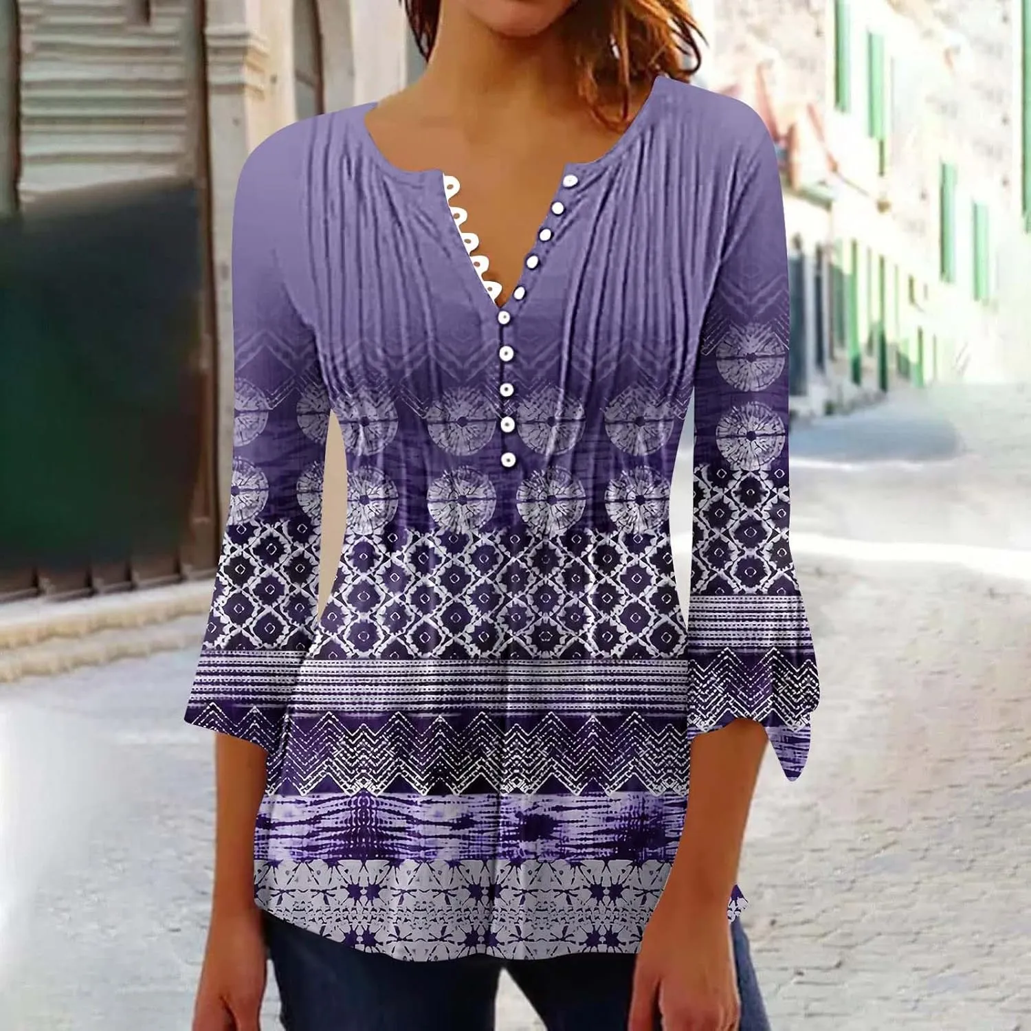 Women Summer Tops Fashion Casual Petal 3/4 Sleeve Button Down Shirts Funny Print Bohemian Empire Waist Boho Tunic Top