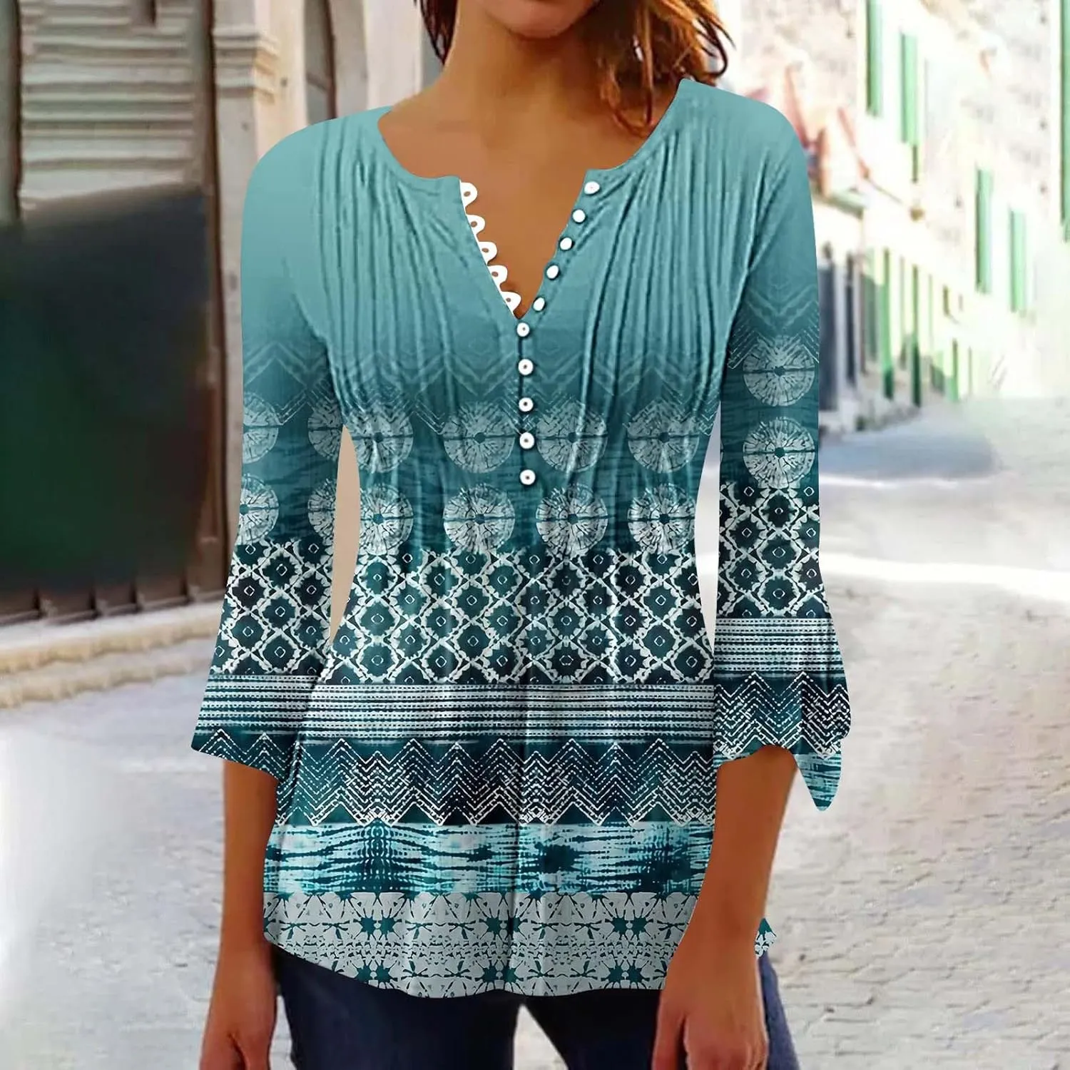 Women Summer Tops Fashion Casual Petal 3/4 Sleeve Button Down Shirts Funny Print Bohemian Empire Waist Boho Tunic Top