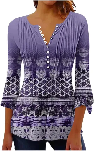 Women Summer Tops Fashion Casual Petal 3/4 Sleeve Button Down Shirts Funny Print Bohemian Empire Waist Boho Tunic Top