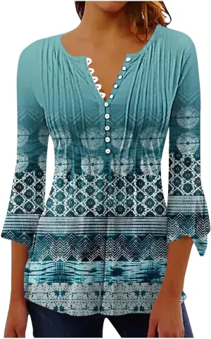 Women Summer Tops Fashion Casual Petal 3/4 Sleeve Button Down Shirts Funny Print Bohemian Empire Waist Boho Tunic Top