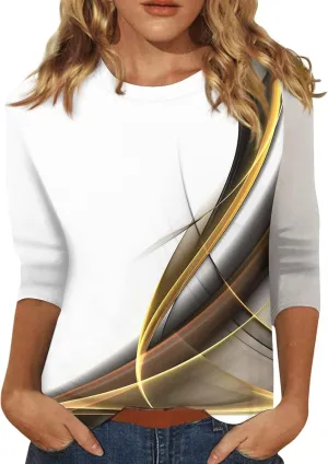 Women T Shirt O-Neck 3/4 Sleeve Shirts Trendy Basic Blouses Cute Loose Fit Tunic Casual Printed Clothing