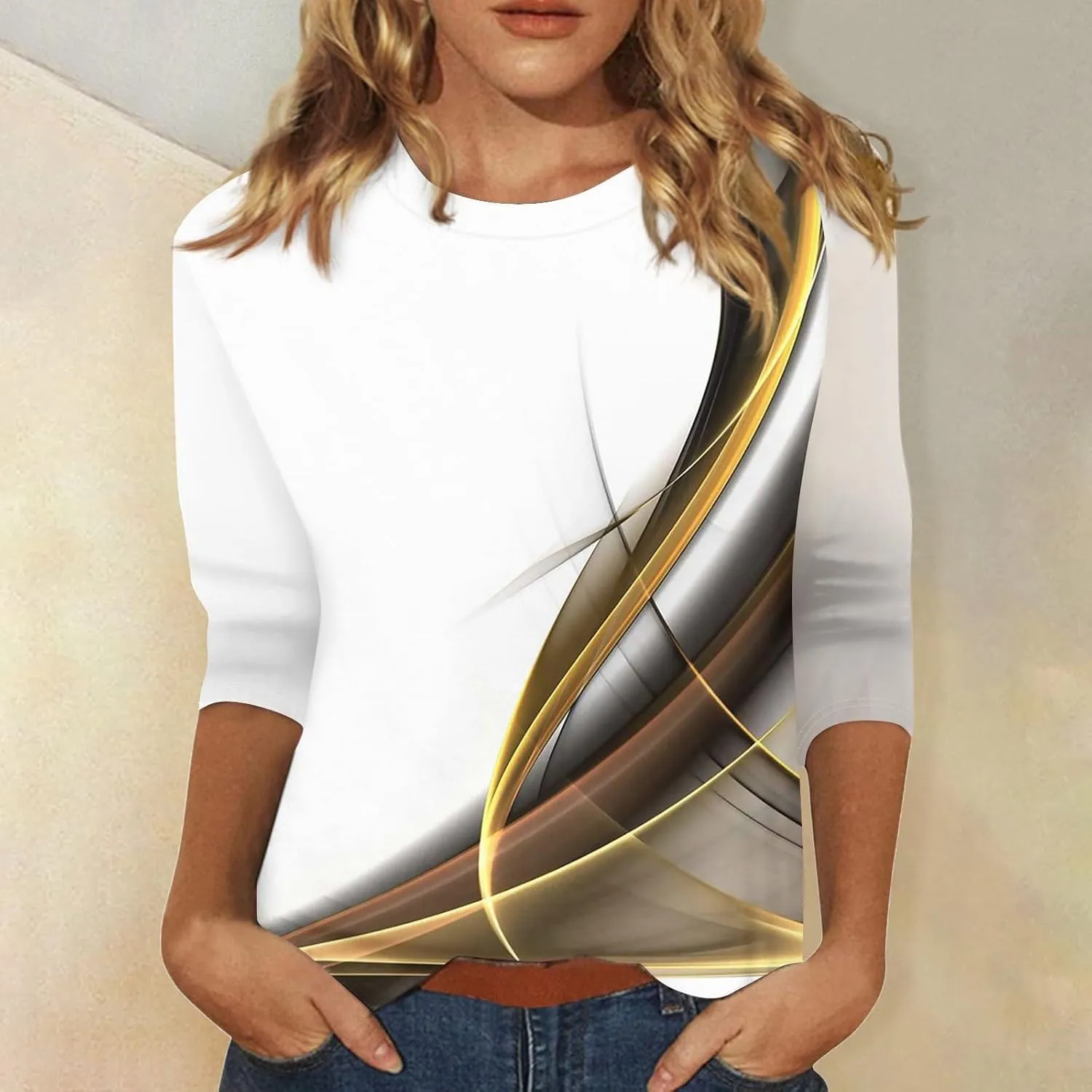 Women T Shirt O-Neck 3/4 Sleeve Shirts Trendy Basic Blouses Cute Loose Fit Tunic Casual Printed Clothing