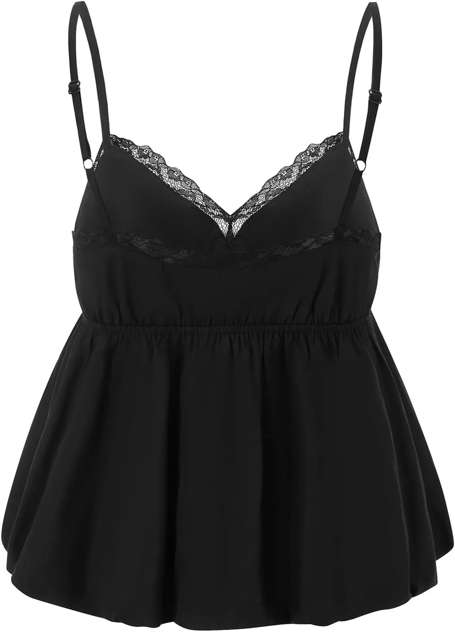 Women Vneck Camisole Y2k Spaghetti Strap Peplum Crop Tank Babydoll Flowy Cami Top Trendy Going Out Summer Shirt