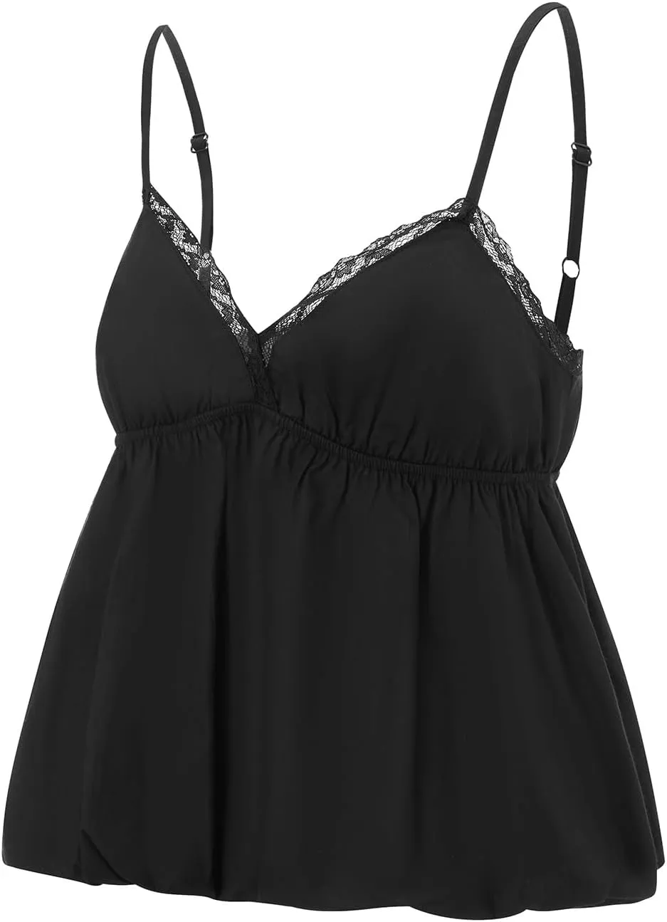Women Vneck Camisole Y2k Spaghetti Strap Peplum Crop Tank Babydoll Flowy Cami Top Trendy Going Out Summer Shirt