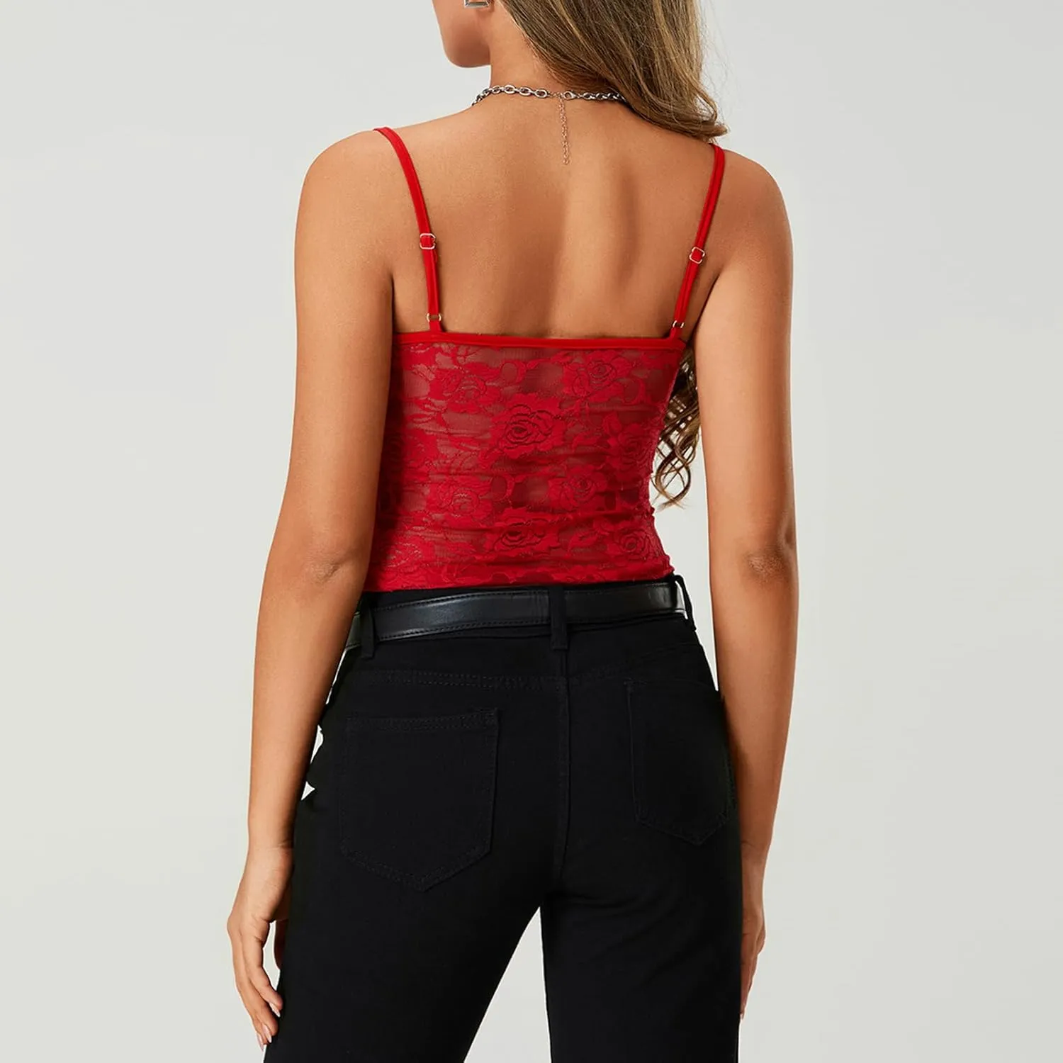 Women Y2k Lace Tank Top Spaghetti Strap Sexy Going Out Crop Tops Sheer See Through Cami Shirt