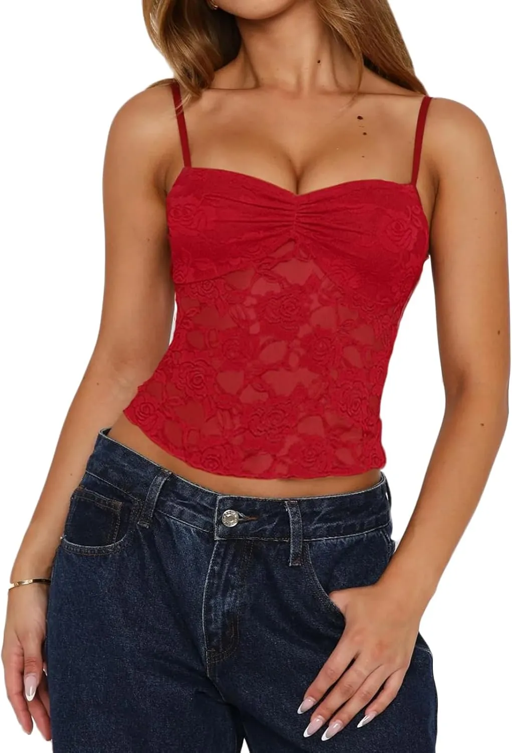 Women Y2k Lace Tank Top Spaghetti Strap Sexy Going Out Crop Tops Sheer See Through Cami Shirt