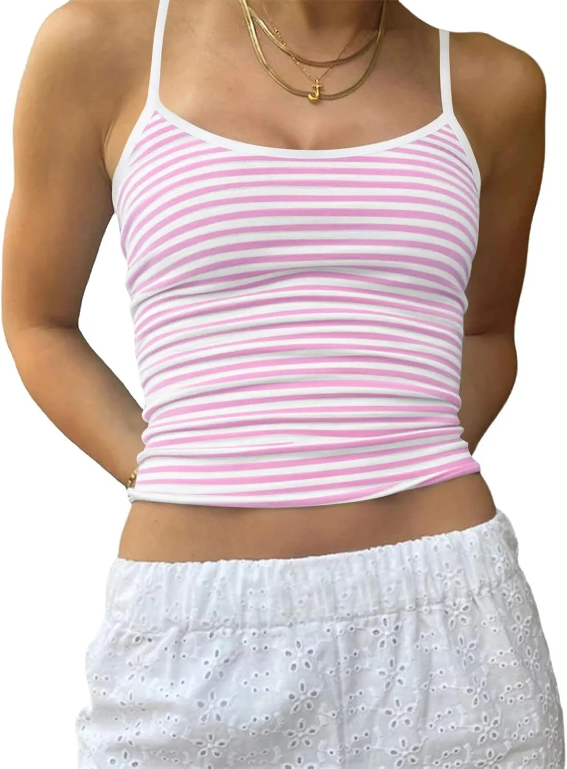 Women Y2K Striped Colorblock Spaghetti Strap Crop Cami Tank Sleeveless Backless Aesthetic Going Out Tops Girls