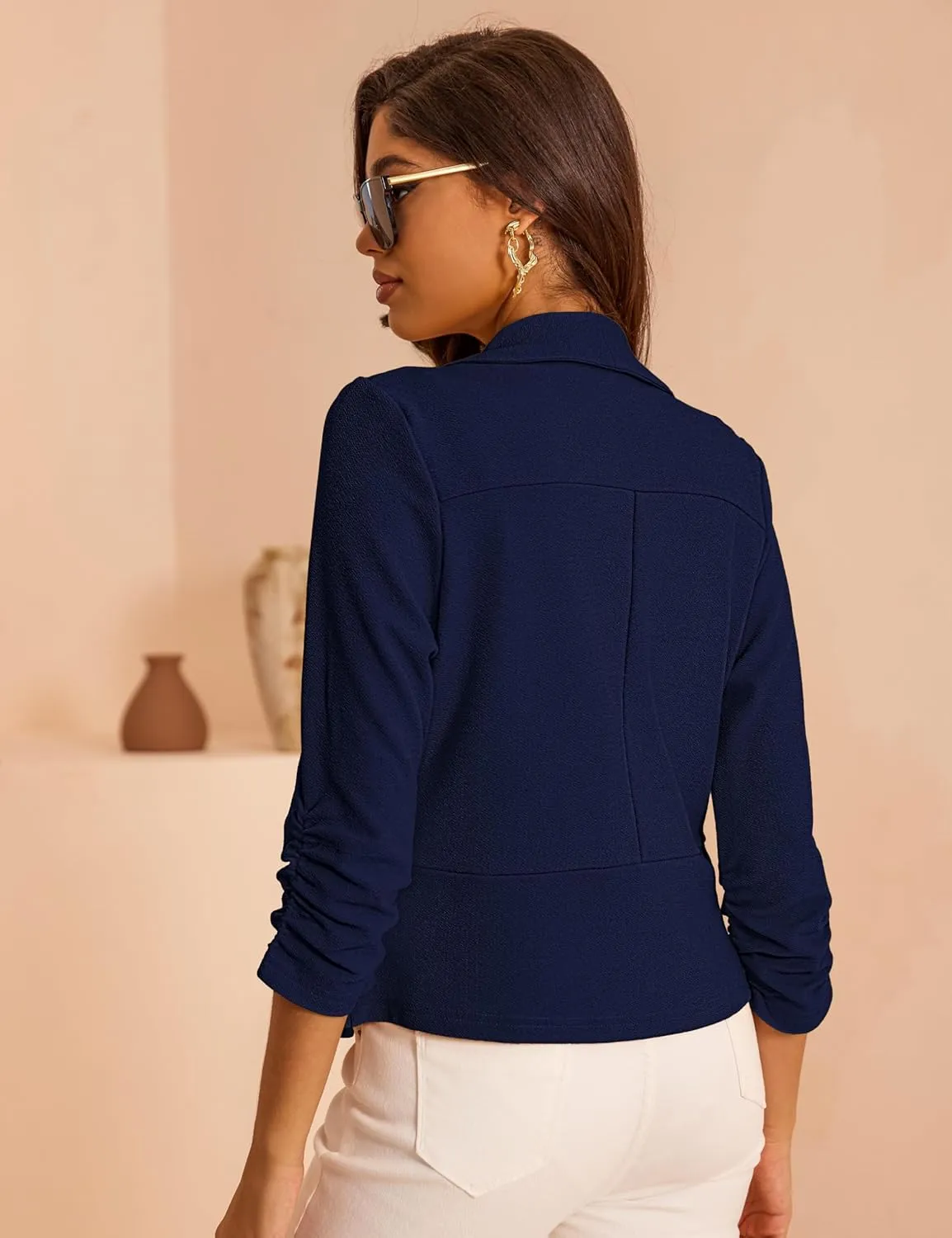 Women's 3/4 Sleeve Cropped Blazer Lightweight Open Front Cardigan Jacket for Business Causal S-XL