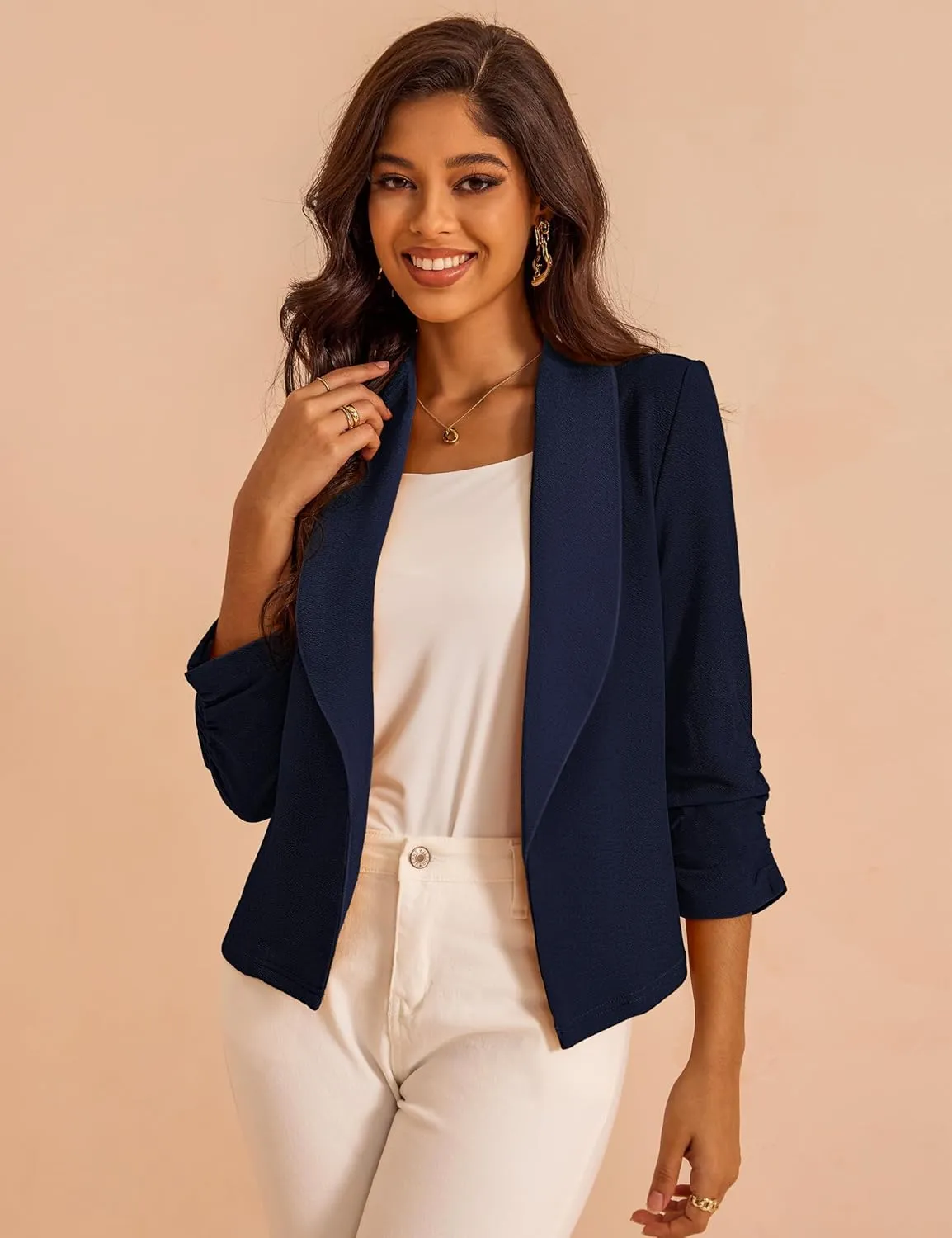 Women's 3/4 Sleeve Cropped Blazer Lightweight Open Front Cardigan Jacket for Business Causal S-XL