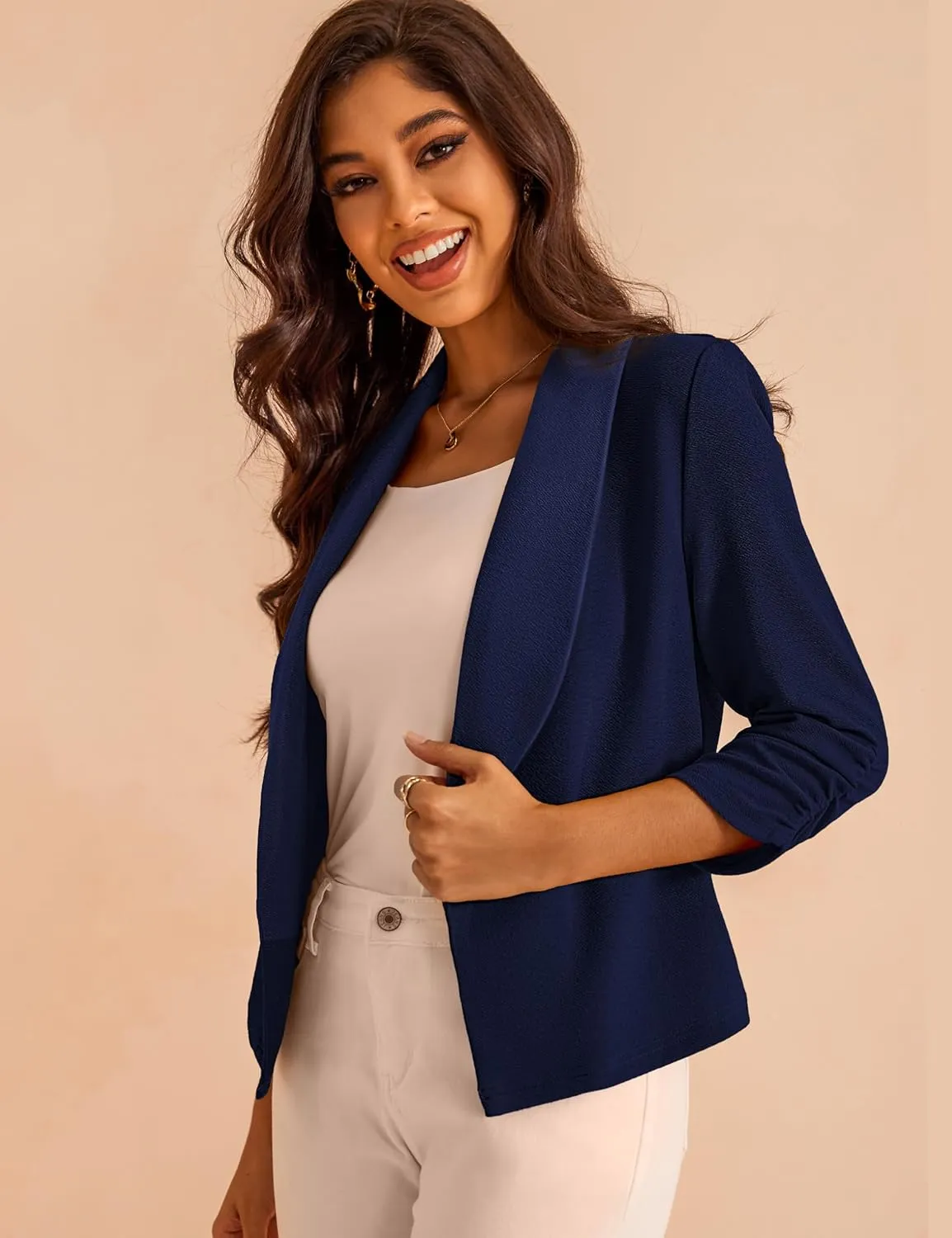 Women's 3/4 Sleeve Cropped Blazer Lightweight Open Front Cardigan Jacket for Business Causal S-XL