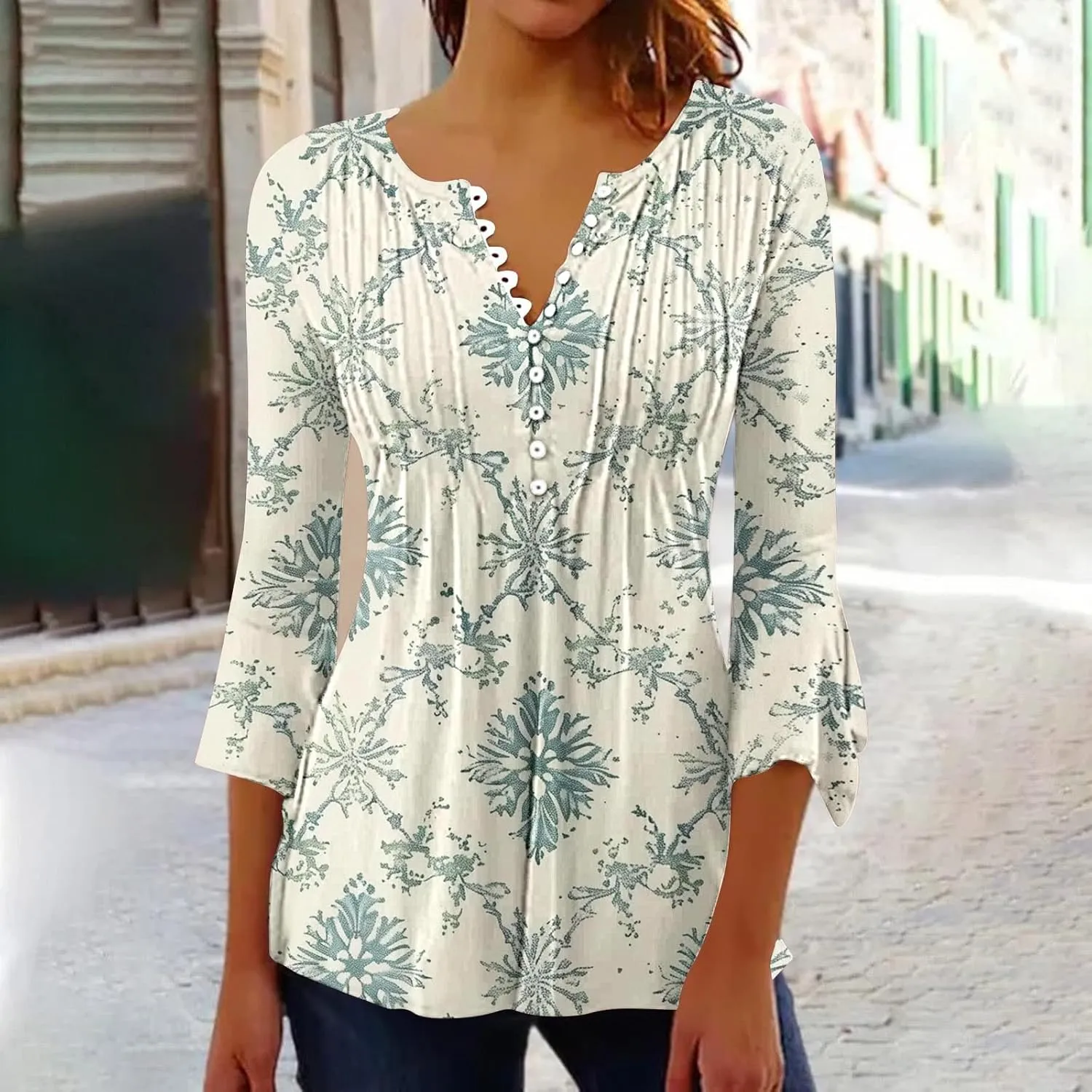 Womens 3/4 Sleeve Floral Top Vintage V Neck T Shirts Button Down Blouse Dressy Flowy Tops Trendy Loose Tops Blouse