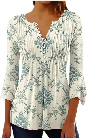 Womens 3/4 Sleeve Floral Top Vintage V Neck T Shirts Button Down Blouse Dressy Flowy Tops Trendy Loose Tops Blouse