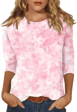 Womens 3/4 Sleeve Tops 2025 Spring Print Round Neck Shirts Loose Fit Three Quarter Sleeve Tshirts