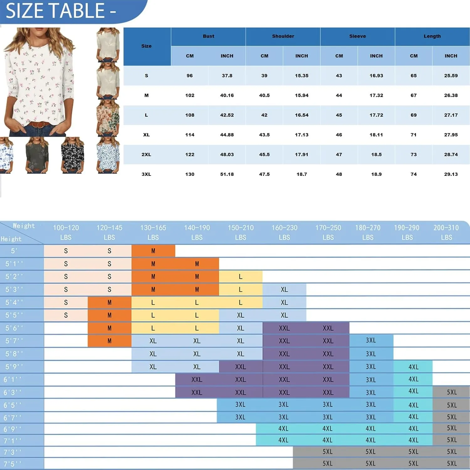 Womens 3/4 Sleeve Tops 2025 Spring Print Round Neck Shirts Loose Fit Three Quarter Sleeve Tshirts