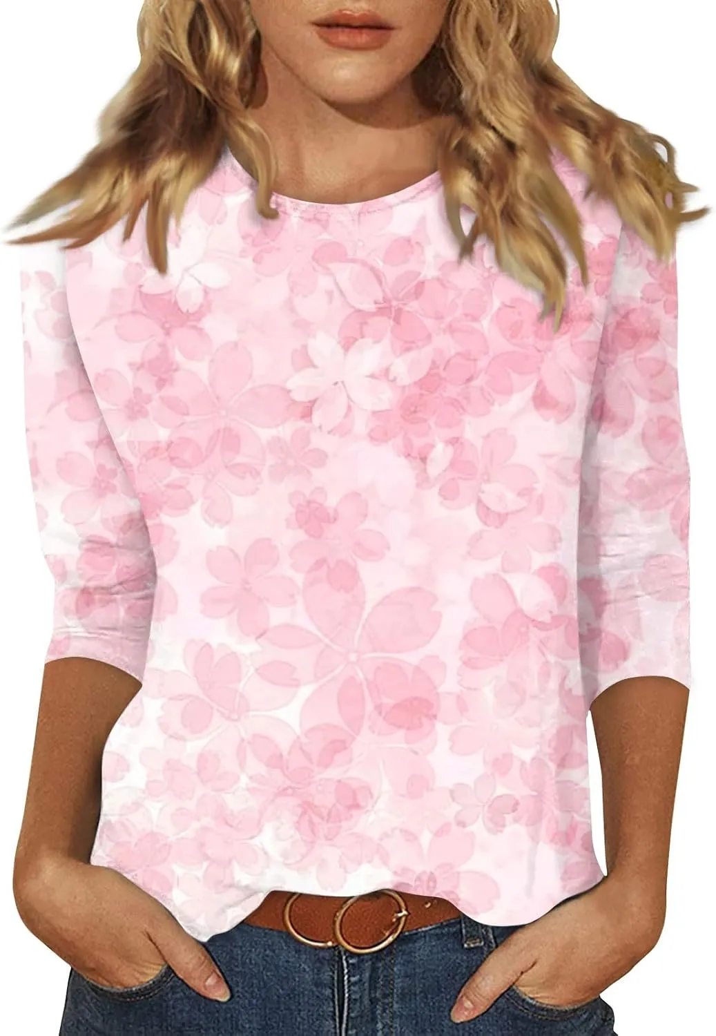 Womens 3/4 Sleeve Tops 2025 Spring Print Round Neck Shirts Loose Fit Three Quarter Sleeve Tshirts