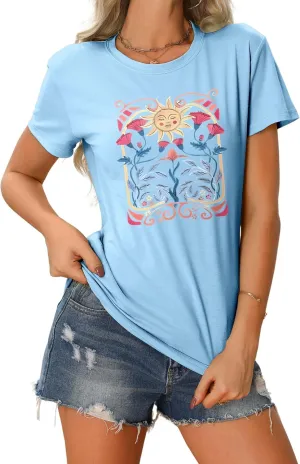 Women's Boho Wildflower Floral Shirts Vintage Graphic Loose Tees Short Sleeve Casual T Shirt Tops