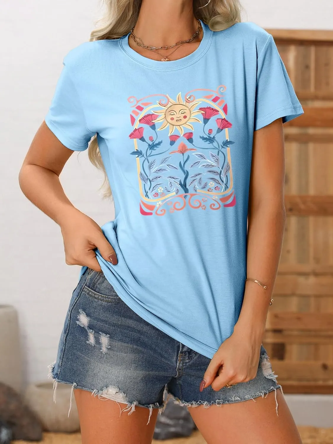 Women's Boho Wildflower Floral Shirts Vintage Graphic Loose Tees Short Sleeve Casual T Shirt Tops