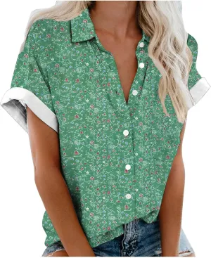 Women's Button Down Shirts Trendy V Neck Boho Tops Short Sleeve Plus Size Summer Tunic Casual Loose Floral Blouses