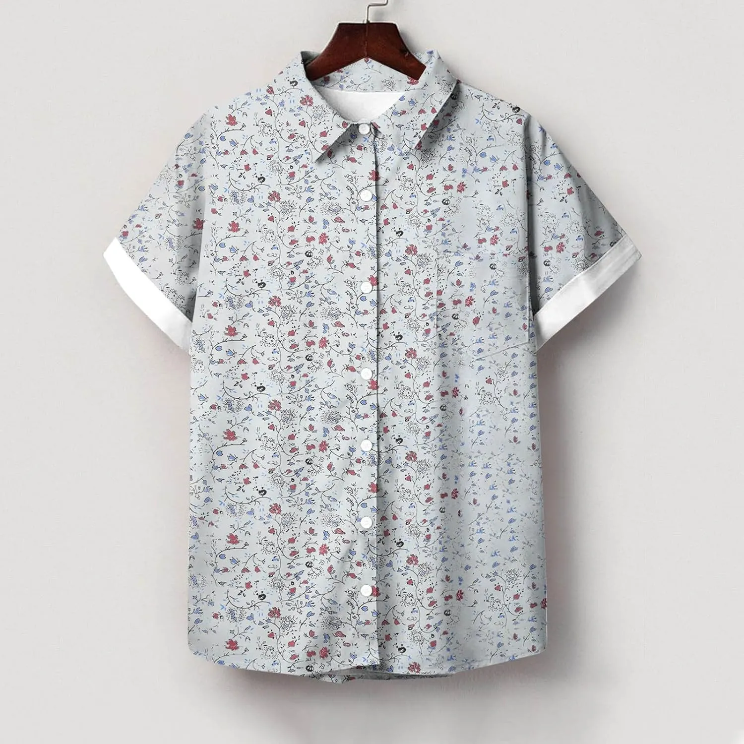 Women's Button Down Shirts Trendy V Neck Boho Tops Short Sleeve Plus Size Summer Tunic Casual Loose Floral Blouses