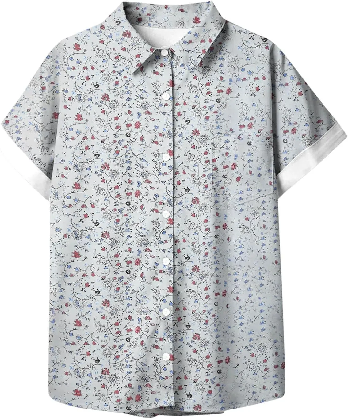 Women's Button Down Shirts Trendy V Neck Boho Tops Short Sleeve Plus Size Summer Tunic Casual Loose Floral Blouses