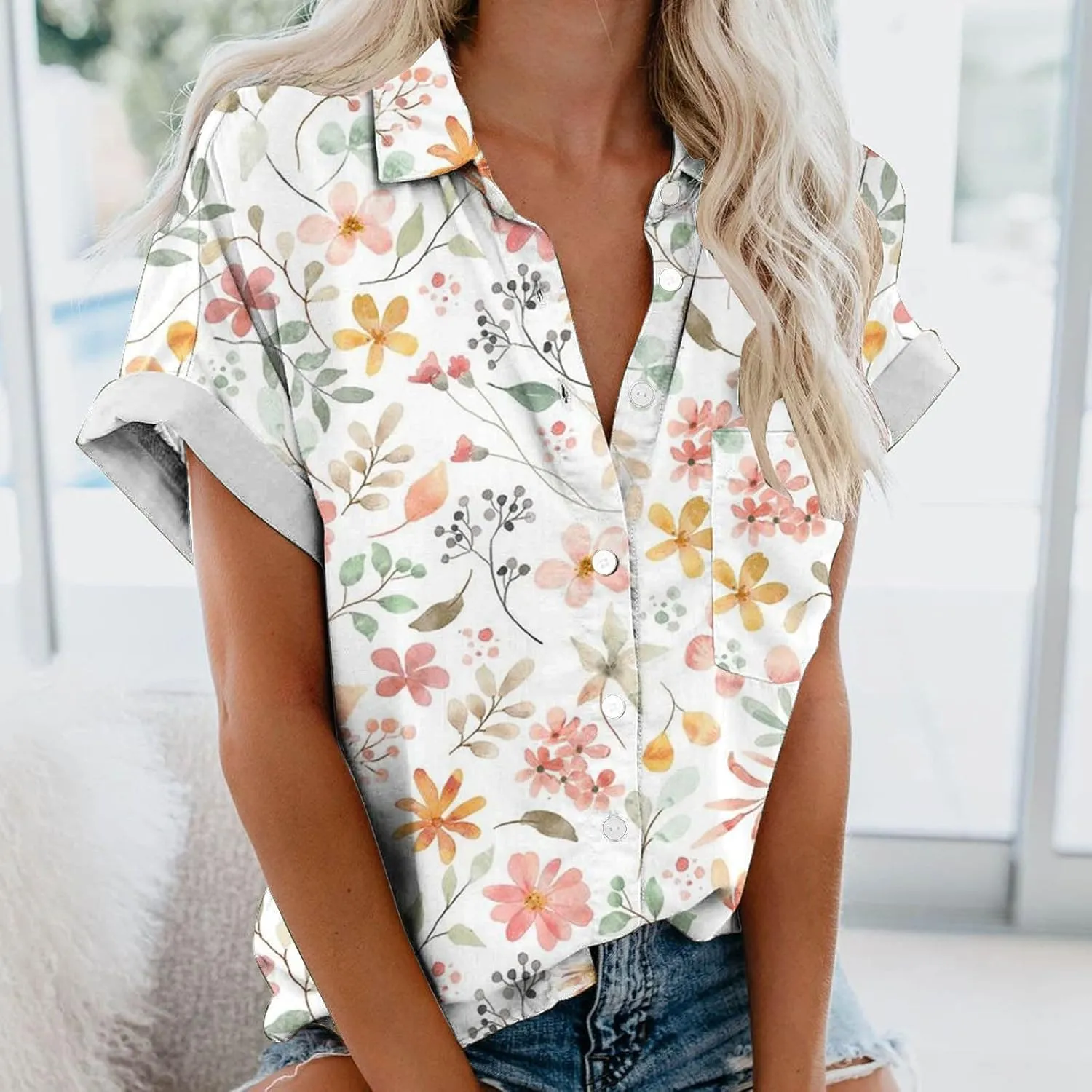 Women's Button Down Shirts Trendy V Neck Boho Tops Short Sleeve Plus Size Summer Tunic Casual Loose Floral Blouses