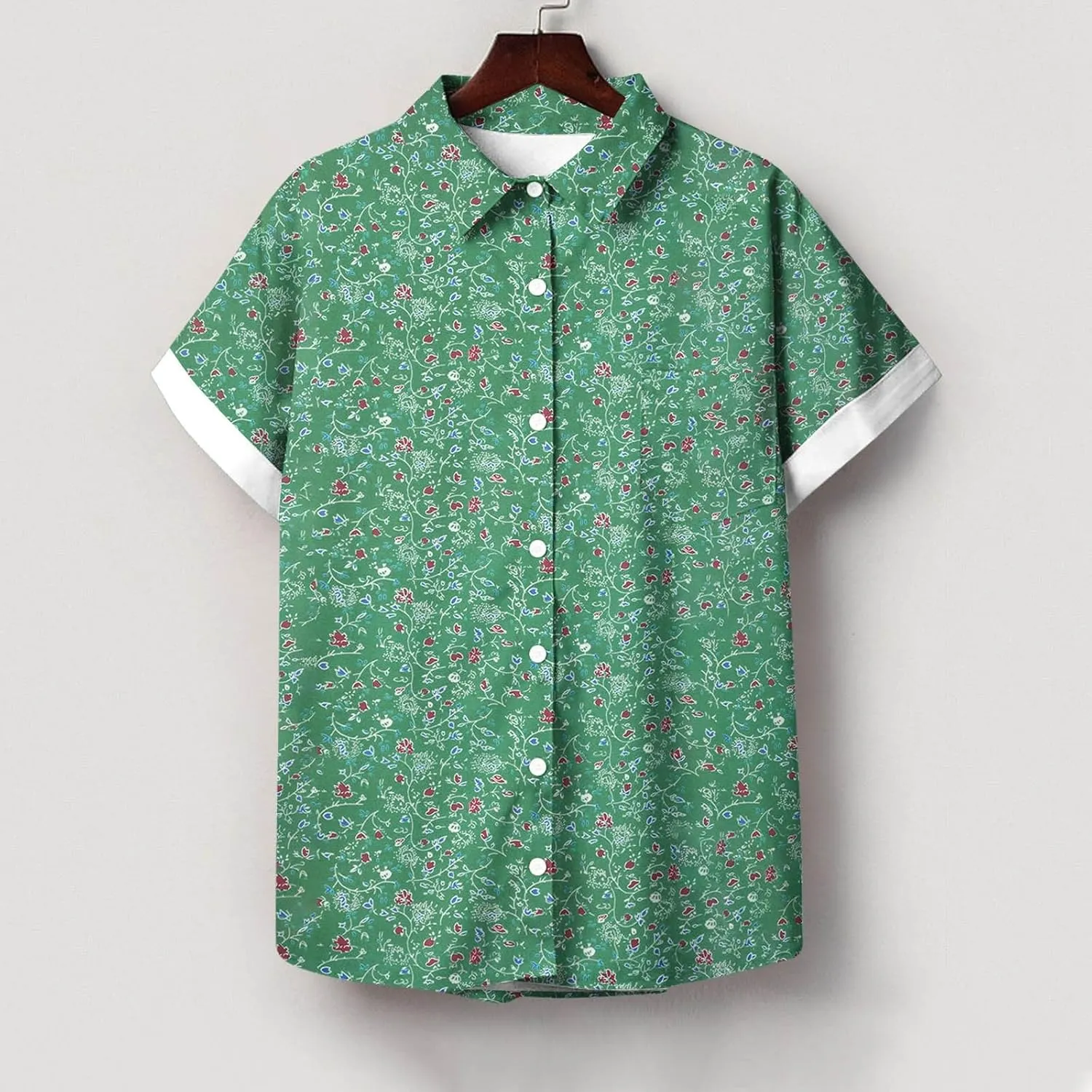 Women's Button Down Shirts Trendy V Neck Boho Tops Short Sleeve Plus Size Summer Tunic Casual Loose Floral Blouses