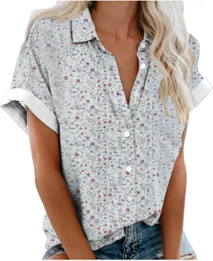 Women's Button Down Shirts Trendy V Neck Boho Tops Short Sleeve Plus Size Summer Tunic Casual Loose Floral Blouses