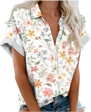 Women's Button Down Shirts Trendy V Neck Boho Tops Short Sleeve Plus Size Summer Tunic Casual Loose Floral Blouses