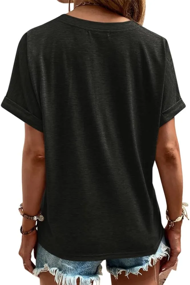 Womens Button V Neck T Shirts Rolled Short Sleeve Loose Fit Casual Summer Tops Tee Shirts