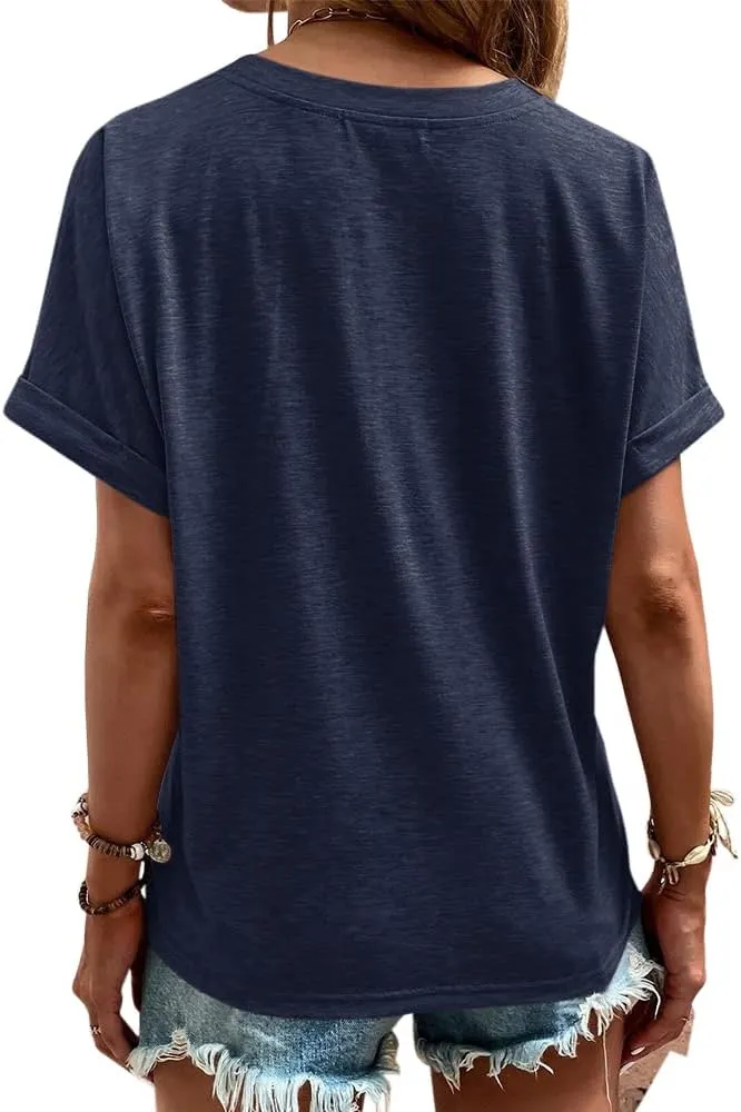 Womens Button V Neck T Shirts Rolled Short Sleeve Loose Fit Casual Summer Tops Tee Shirts