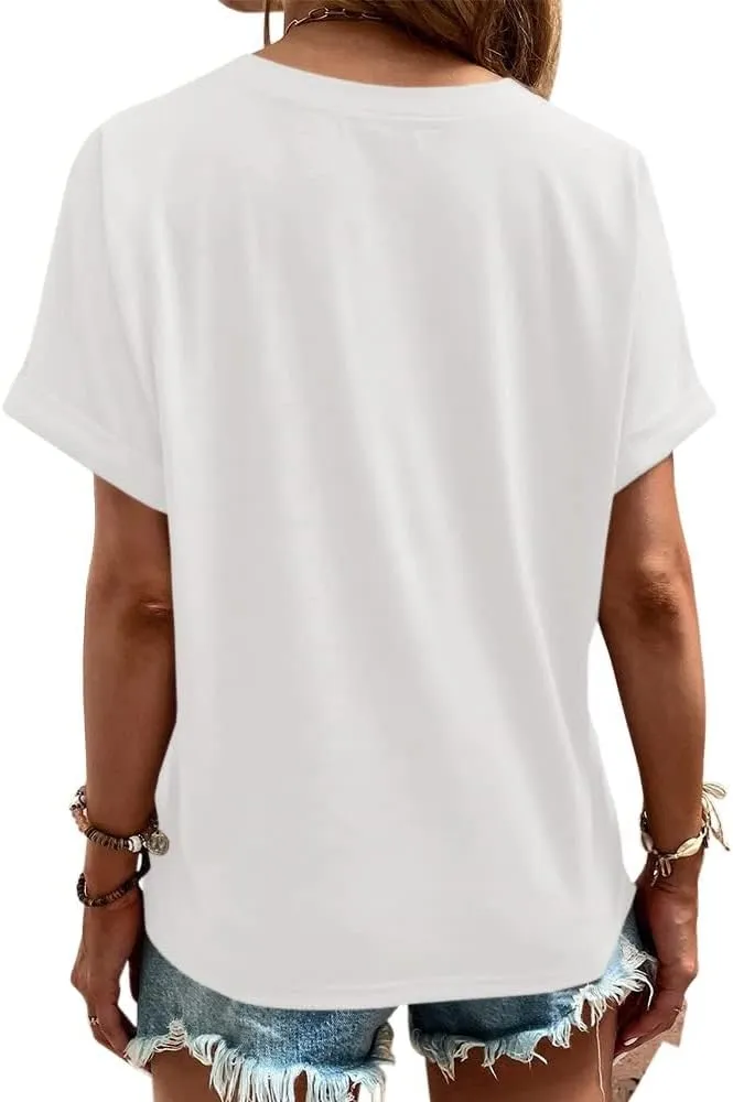 Womens Button V Neck T Shirts Rolled Short Sleeve Loose Fit Casual Summer Tops Tee Shirts