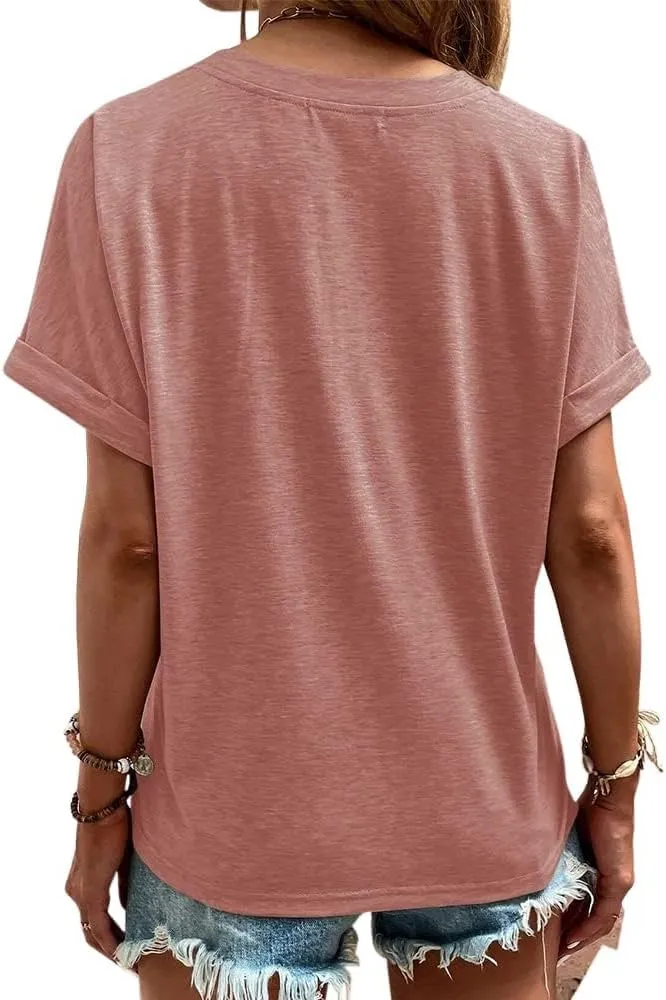 Womens Button V Neck T Shirts Rolled Short Sleeve Loose Fit Casual Summer Tops Tee Shirts