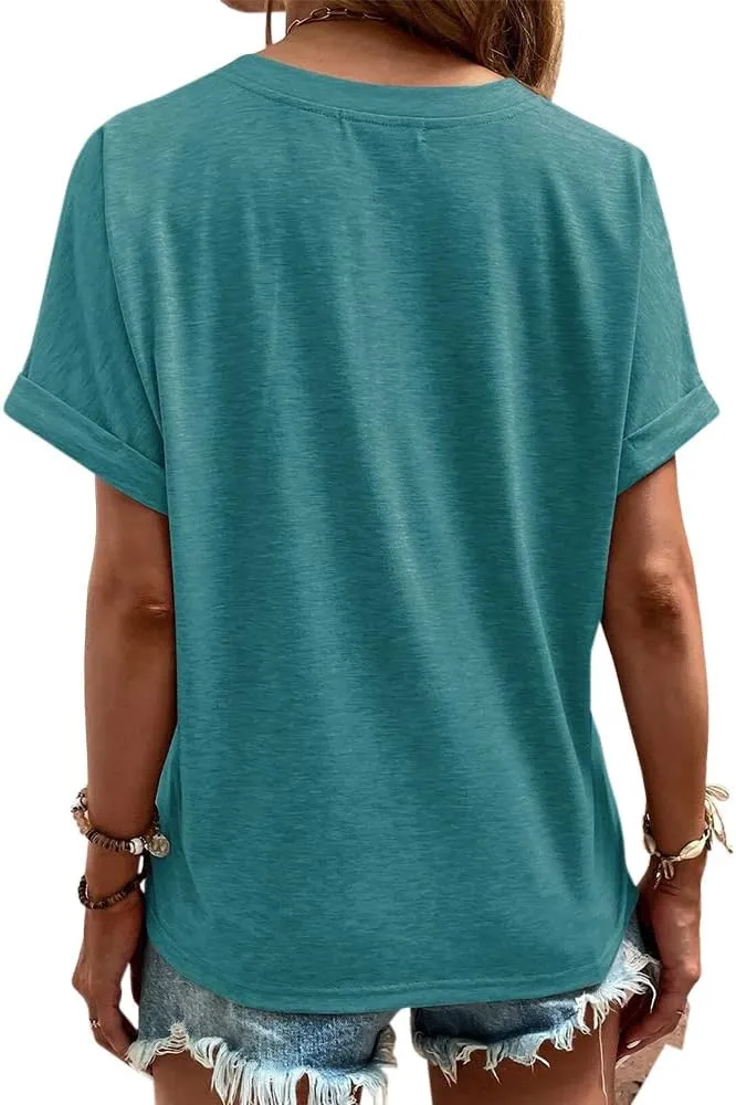Womens Button V Neck T Shirts Rolled Short Sleeve Loose Fit Casual Summer Tops Tee Shirts