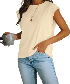 Women's Cap Sleeve Tank Top Crew Neck T Shirts Loose Fit Basic Summer Casual Tee Tops